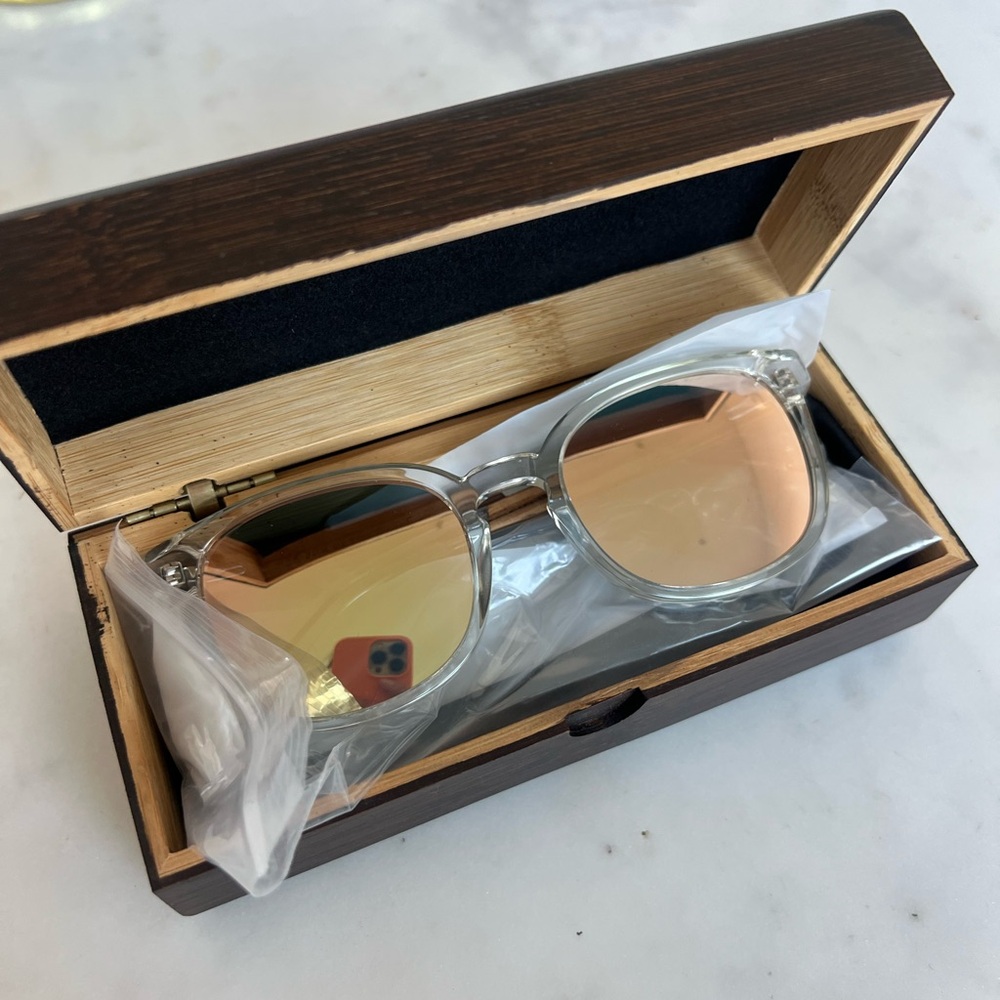 Woodies Clear Acetate Sunglasses with Polarized Pink Lens in Wood Display Box